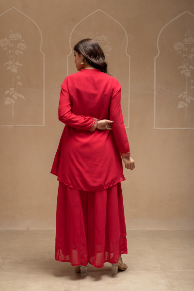 Fuchsia Solid Poly Georgette Tunic and Sharara Co-ord Set with Sequence and Zari Work