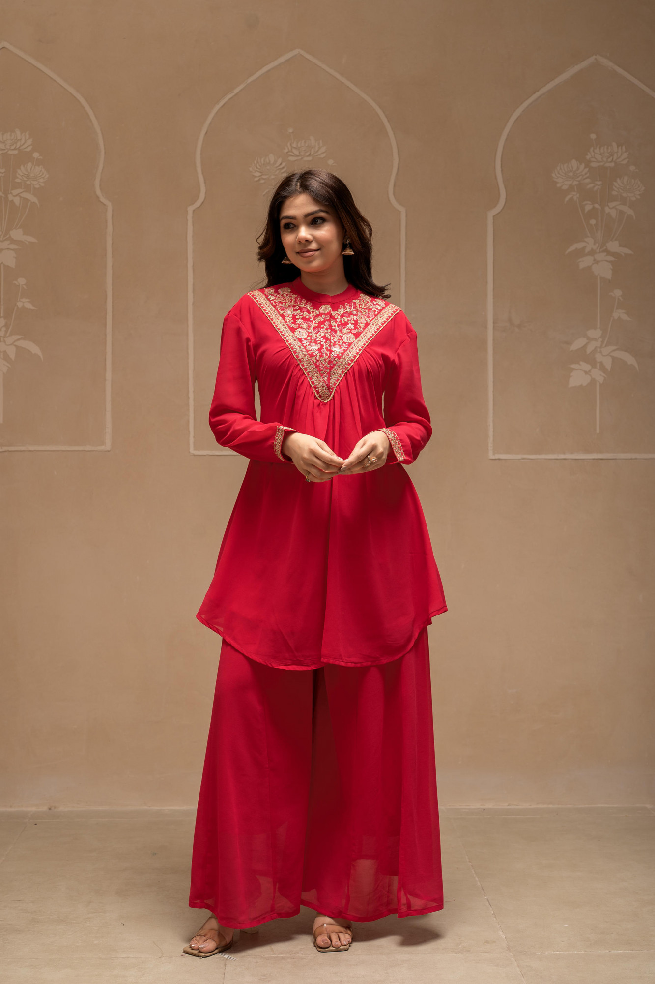 Fuchsia Solid Poly Georgette Tunic and Sharara Co-ord Set with Sequence and Zari Work