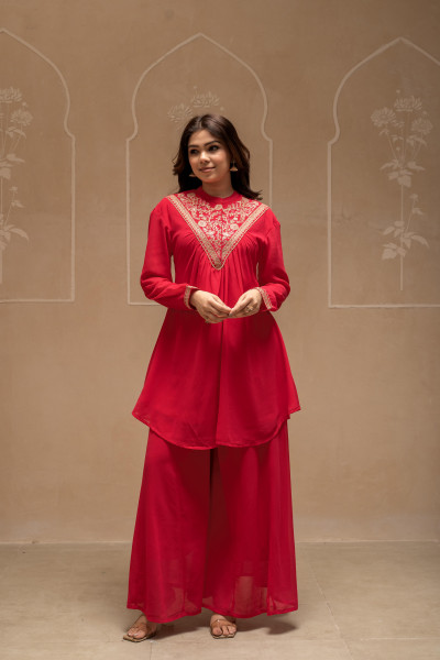 Fuchsia Solid Poly Georgette Tunic and Sharara Co-ord Set with Sequence and Zari Work