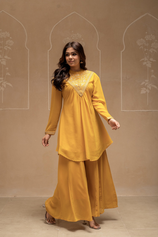 Mustard Solid Poly Georgette Tunic and Sharara Co-ord Set with Sequence and Zari Work