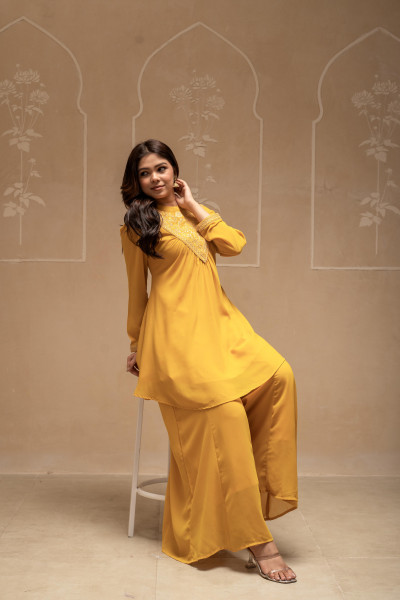 Mustard Solid Poly Georgette Tunic and Sharara Co-ord Set with Sequence and Zari Work