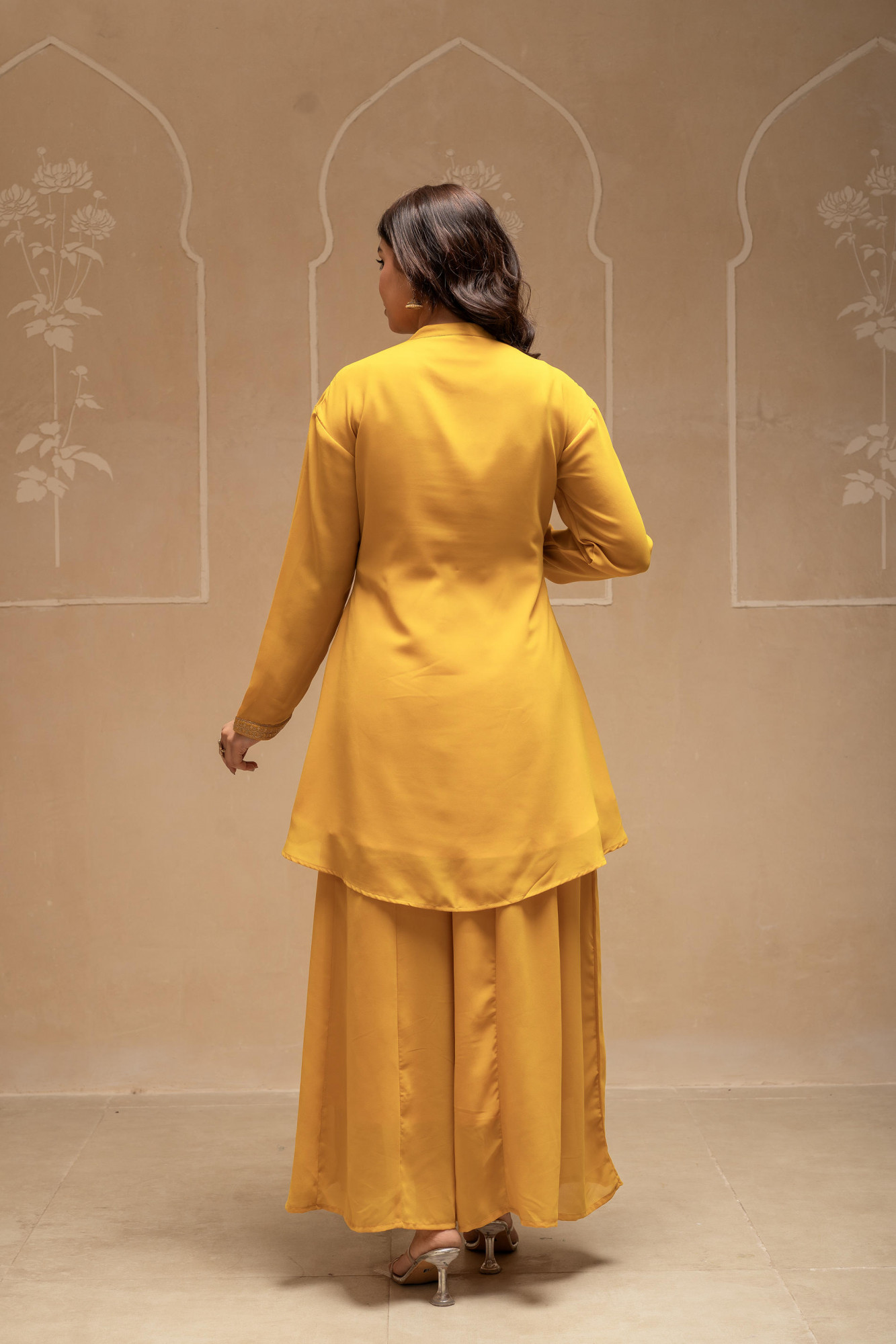 Mustard Solid Poly Georgette Tunic and Sharara Co-ord Set with Sequence and Zari Work