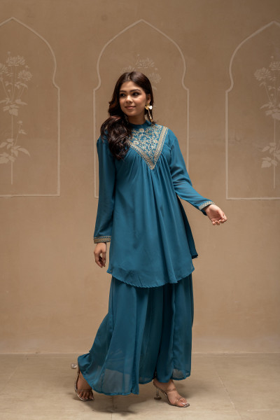Teal Solid Poly Georgette Tunic and Sharara Co-ord Set with Sequence and Zari Work