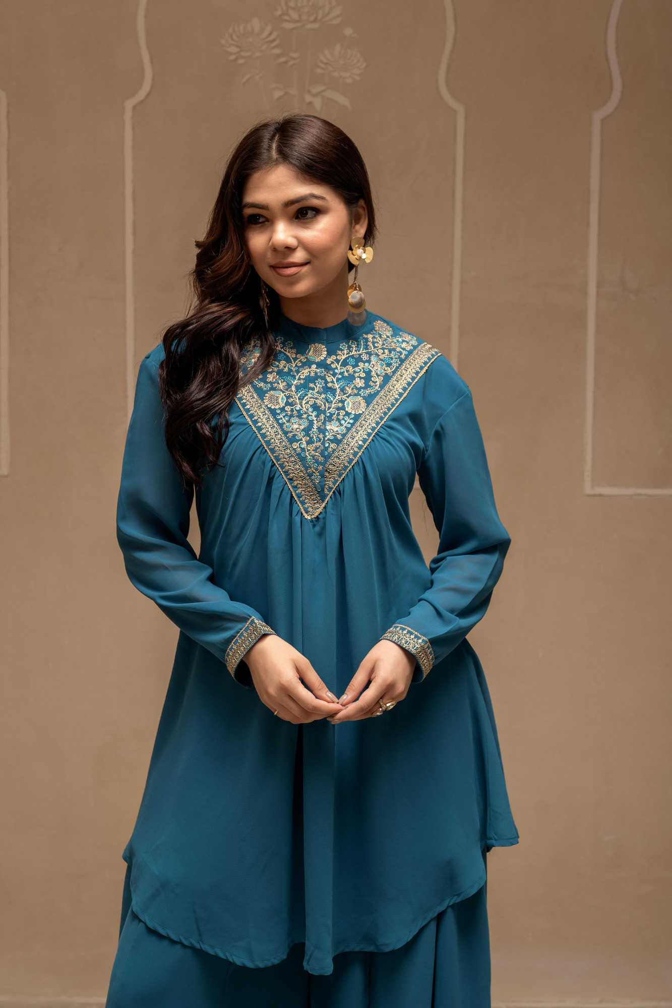 Teal Solid Poly Georgette Tunic and Sharara Co-ord Set with Sequence and Zari Work