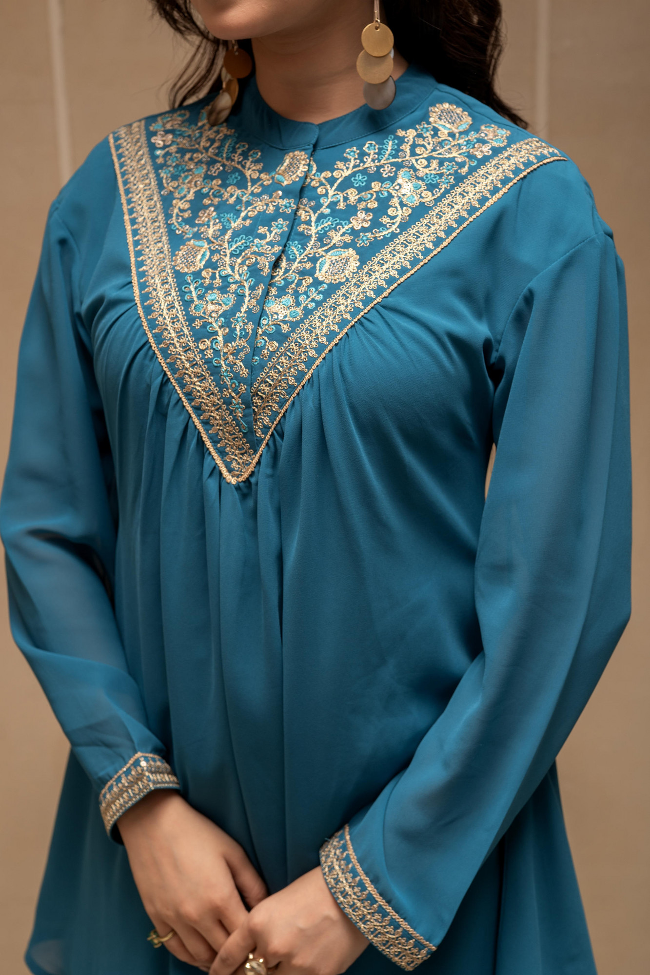 Teal Solid Poly Georgette Tunic and Sharara Co-ord Set with Sequence and Zari Work