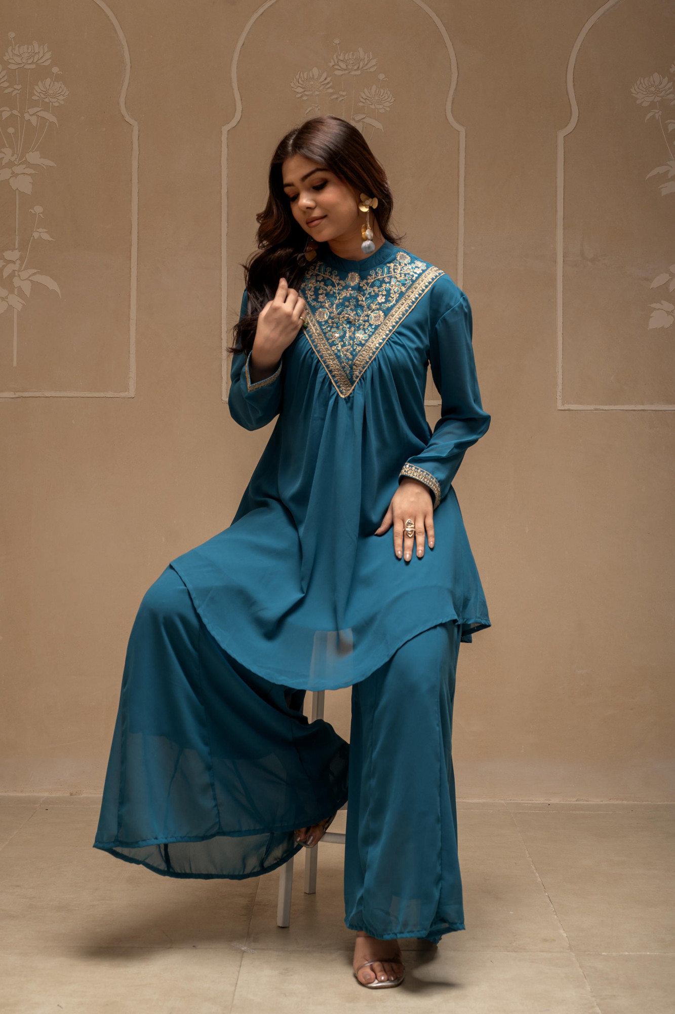 Teal Solid Poly Georgette Tunic and Sharara Co-ord Set with Sequence and Zari Work