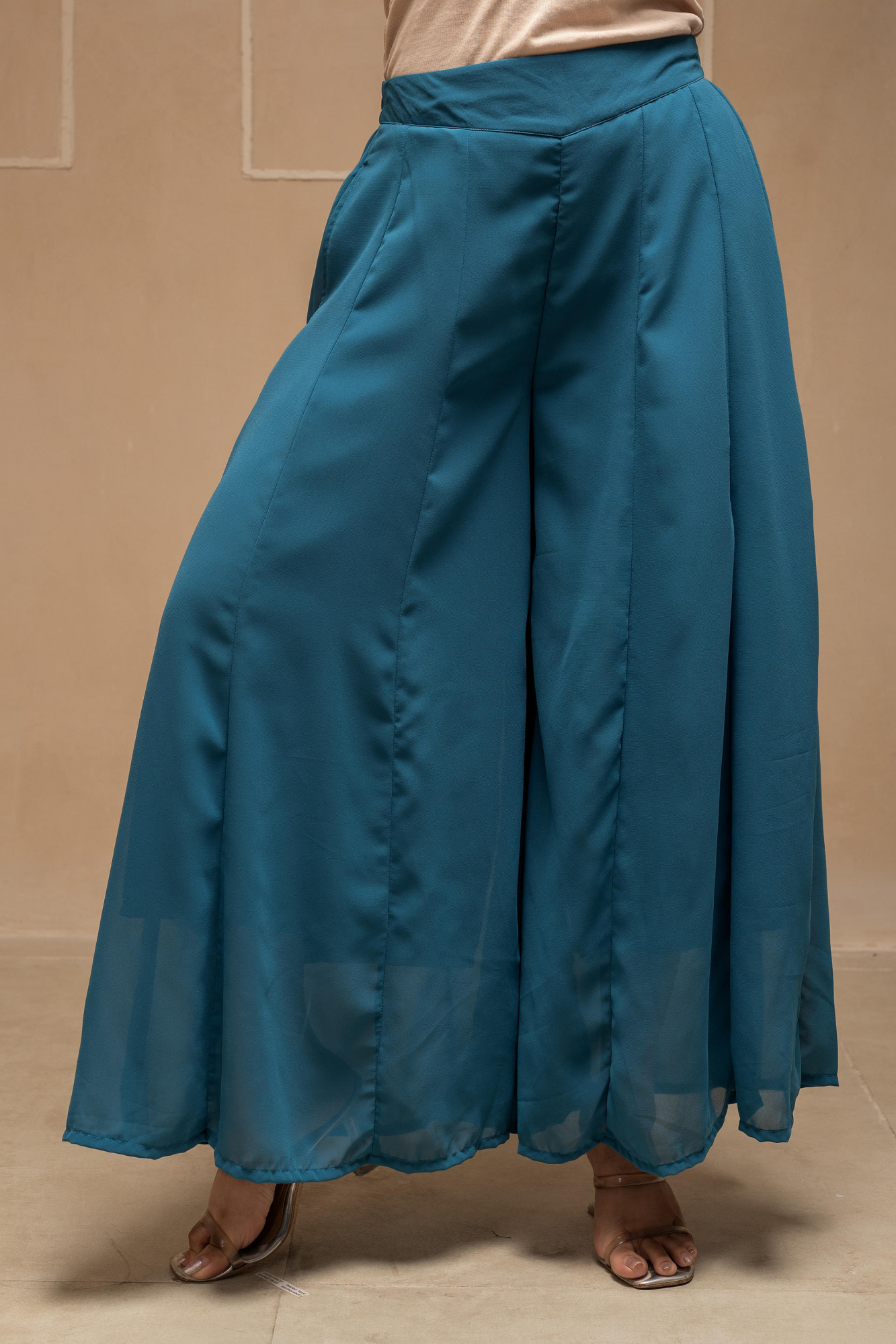 Teal Solid Poly Georgette Tunic and Sharara Co-ord Set with Sequence and Zari Work