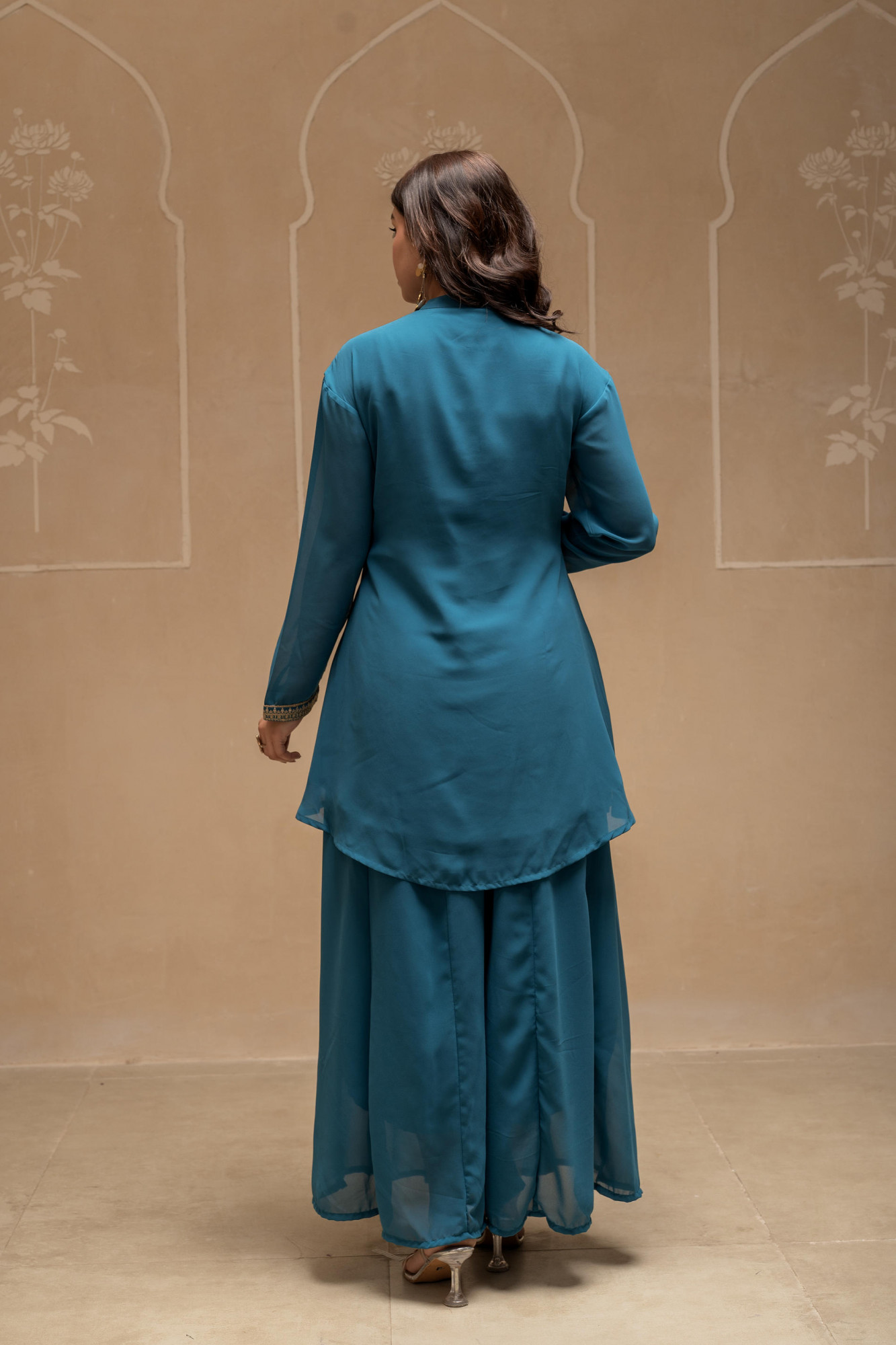 Teal Solid Poly Georgette Tunic and Sharara Co-ord Set with Sequence and Zari Work