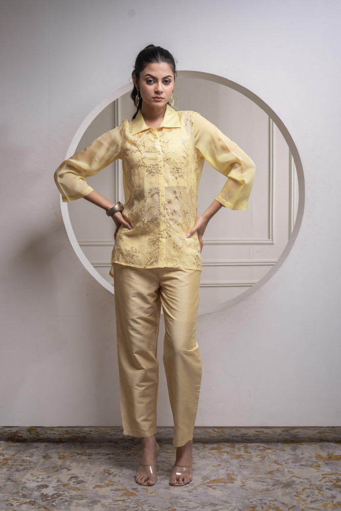 Light Yellow Solid Viscose Shirt, Cami, and Pant Co-ord Set with Sequence and Zari Work