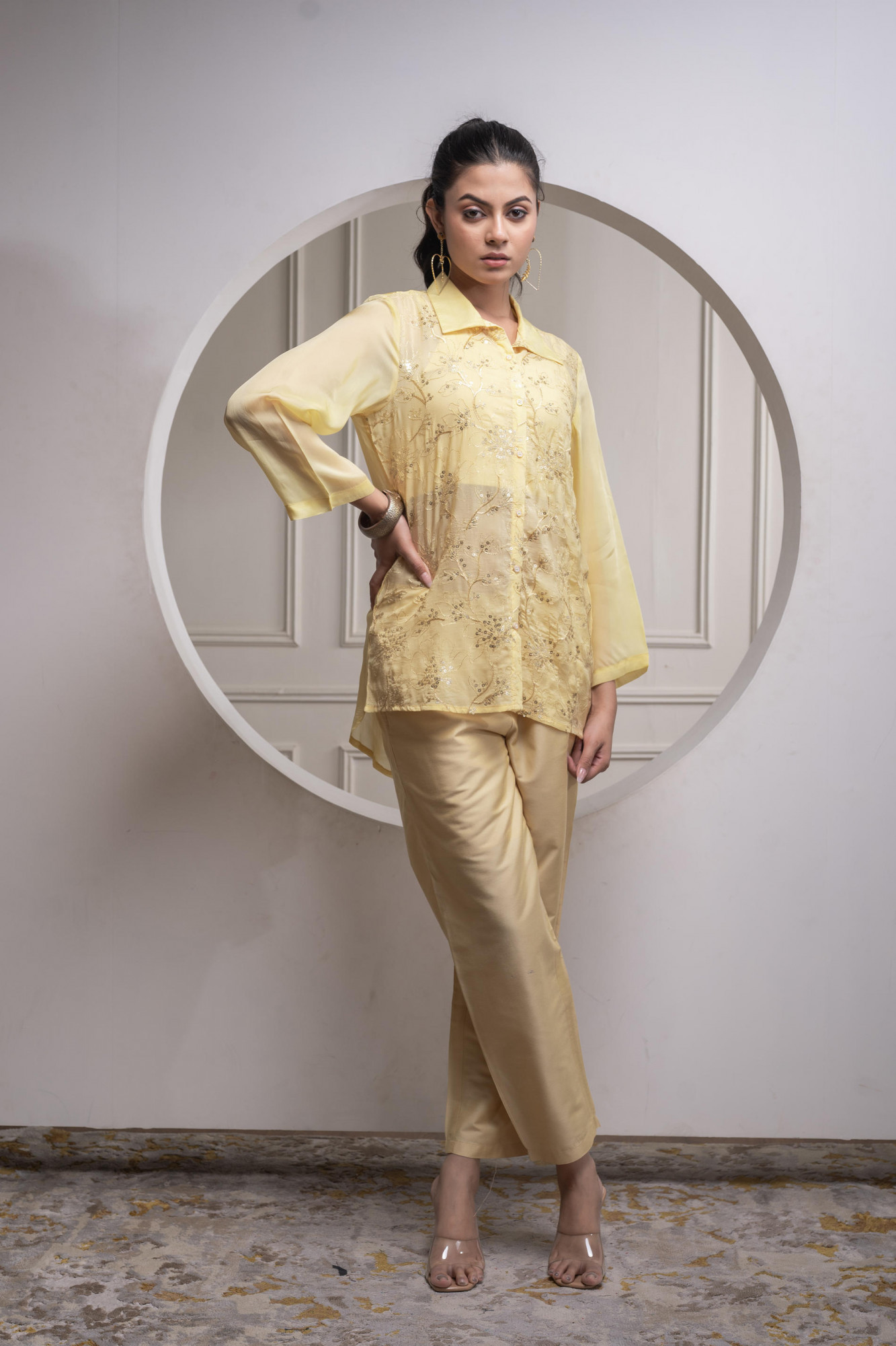 Light Yellow Solid Viscose Shirt, Cami, and Pant Co-ord Set with Sequence and Zari Work