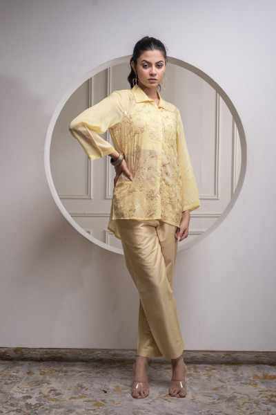 Light Yellow Solid Viscose Shirt, Cami, and Pant Co-ord Set with Sequence and Zari Work