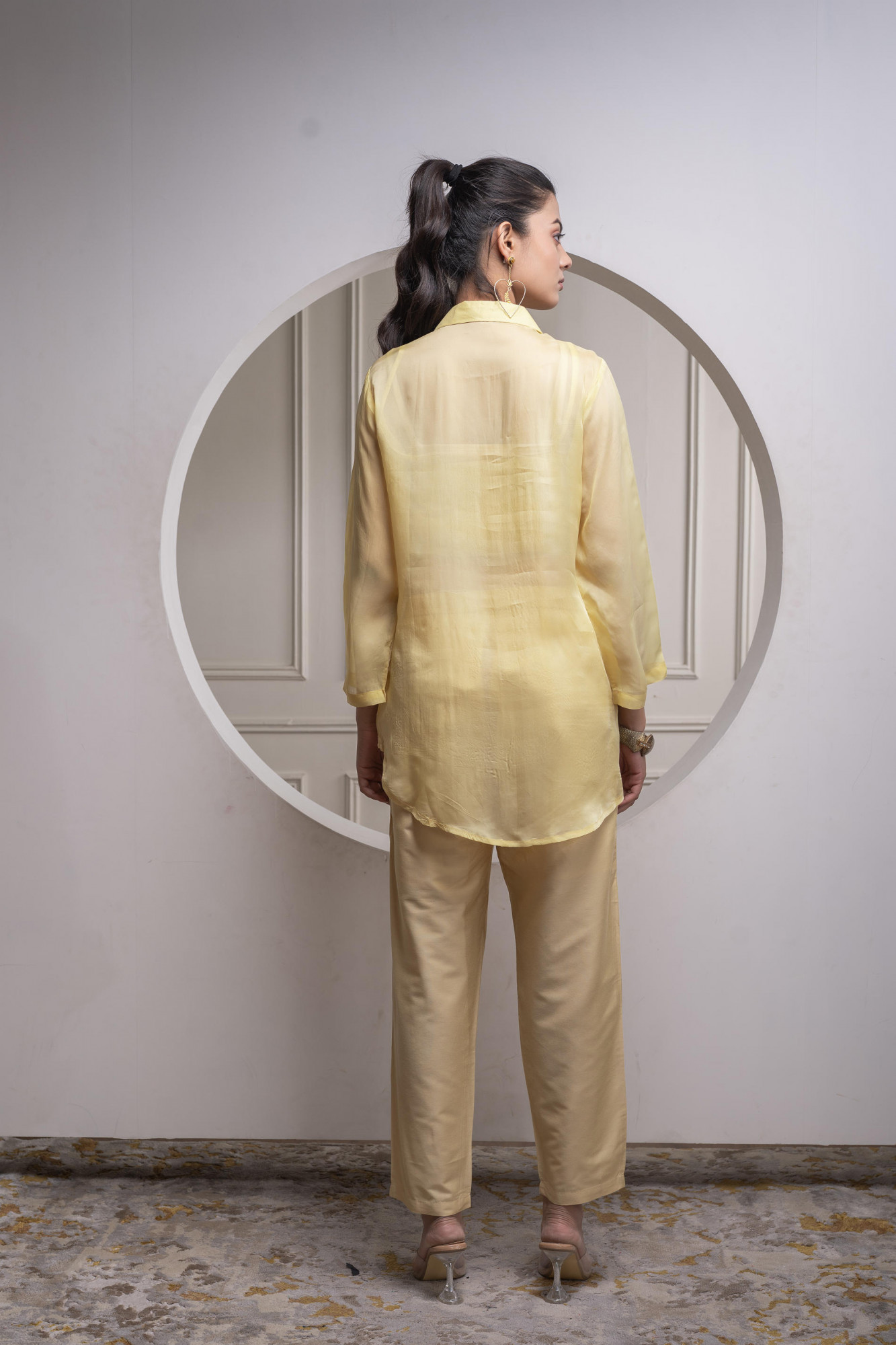Light Yellow Solid Viscose Shirt, Cami, and Pant Co-ord Set with Sequence and Zari Work