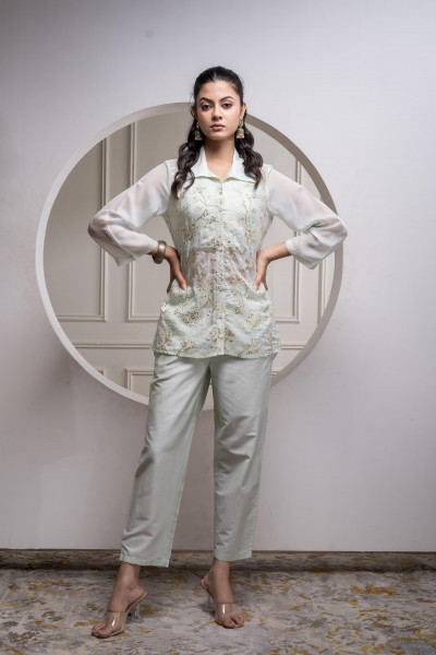 Mintgreen Solid Viscose Shirt, Cami, and Pant Co-ord Set with Sequence and Zari Work