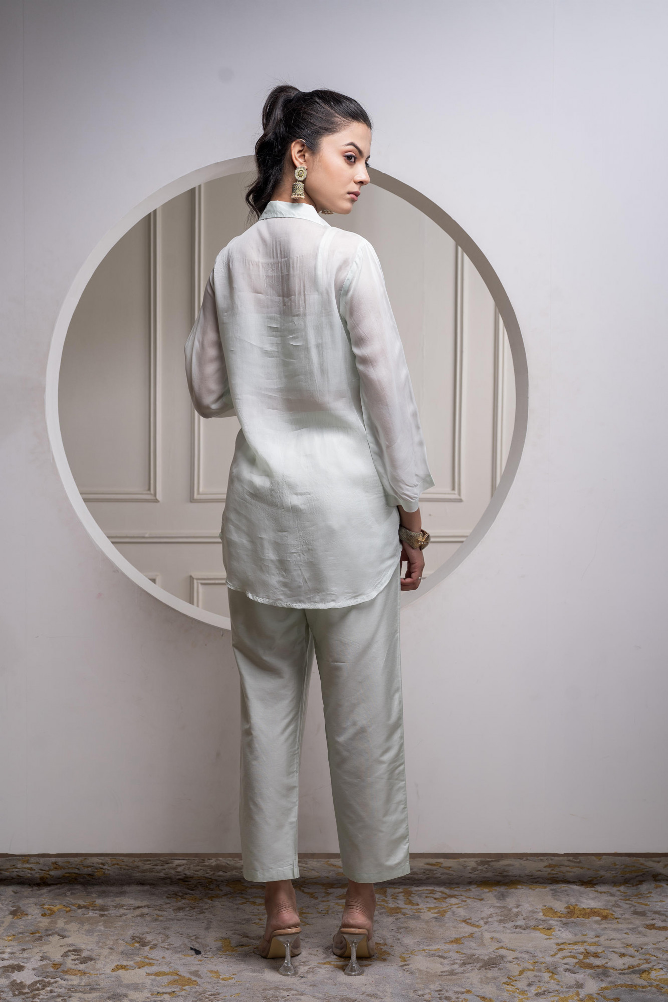 Mintgreen Solid Viscose Shirt, Cami, and Pant Co-ord Set with Sequence and Zari Work