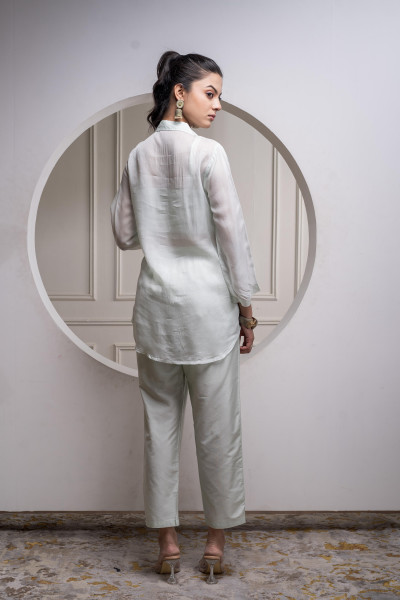 Mintgreen Solid Viscose Shirt, Cami, and Pant Co-ord Set with Sequence and Zari Work