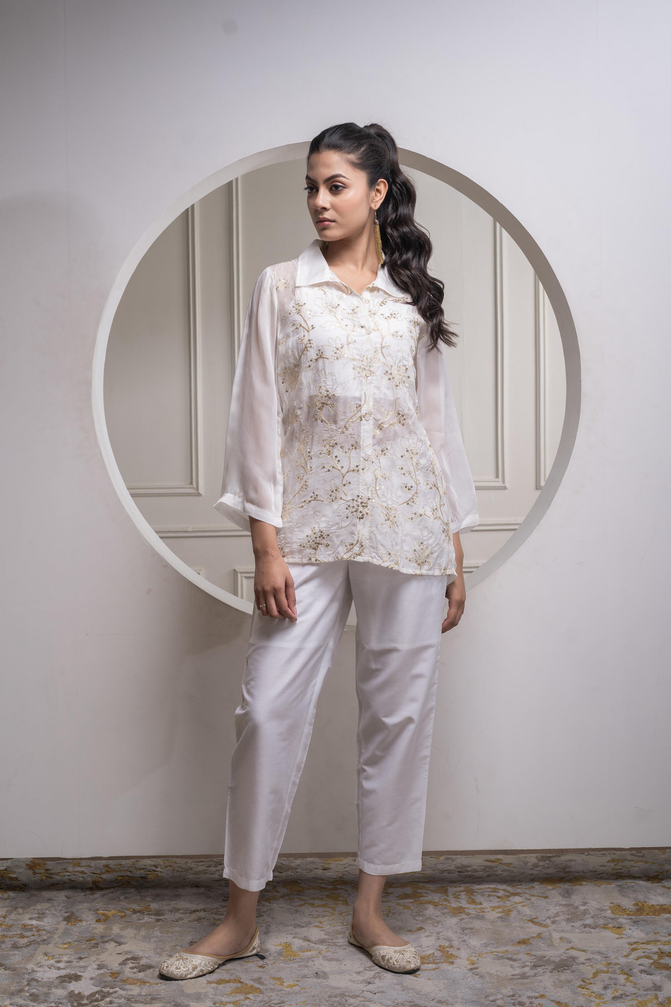 Viscose Offwhite Embroidered Shirt, Cami & Pant Co-Ord Set with Zari Work
