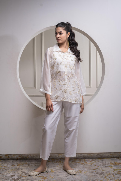 Viscose Offwhite Embroidered Shirt, Cami & Pant Co-Ord Set with Zari Work