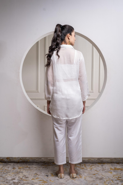 Viscose Offwhite Embroidered Shirt, Cami & Pant Co-Ord Set with Zari Work