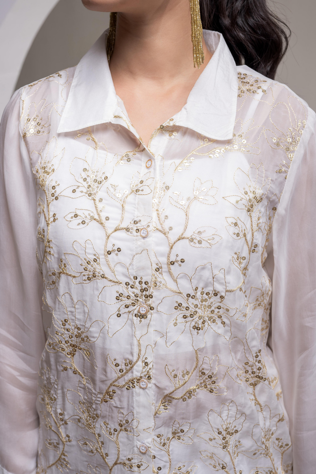 Viscose Offwhite Embroidered Shirt, Cami & Pant Co-Ord Set with Zari Work
