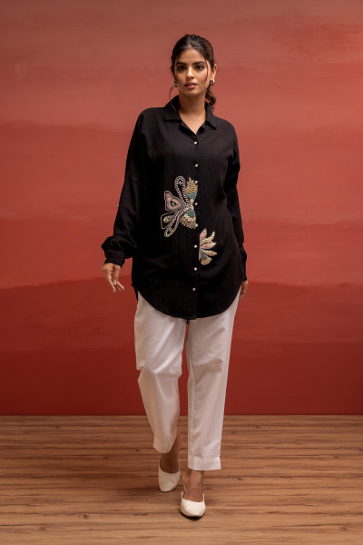 Black Solid Viscose Shirt with Beads, Sequence, and Thread Work
