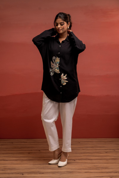 Black Solid Viscose Shirt with Beads, Sequence, and Thread Work