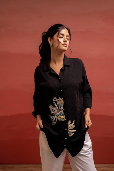 Black Solid Viscose Shirt with Beads, Sequence, and Thread Work