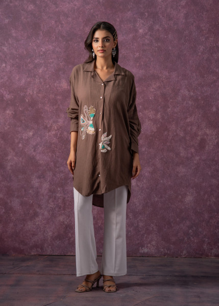 Brown Solid Viscose Shirt with Beads, Sequence, and Thread Work