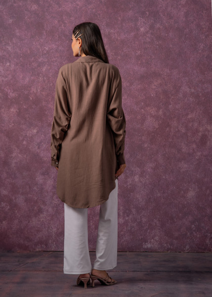Brown Solid Viscose Shirt with Beads, Sequence, and Thread Work