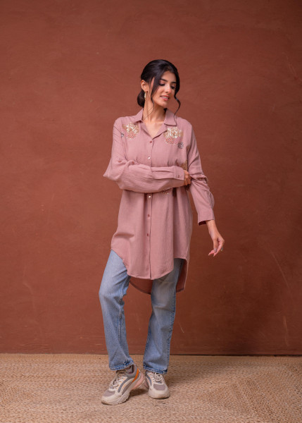Viscose Linen Dusty Pink Embellished Shirt with Sequin & Bead Details