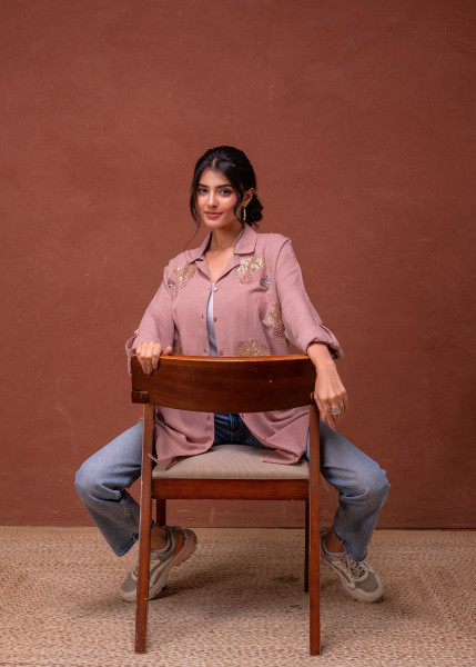 Viscose Linen Dusty Pink Embellished Shirt with Sequin & Bead Details