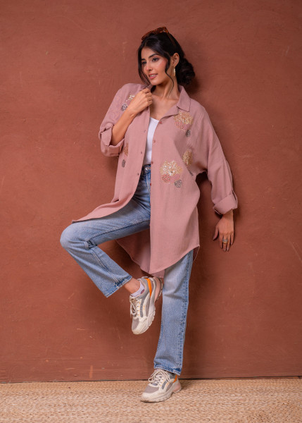 Viscose Linen Dusty Pink Embellished Shirt with Sequin & Bead Details
