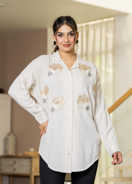 Viscose Linen Off White Embellished Shirt with Sequin & Bead Details