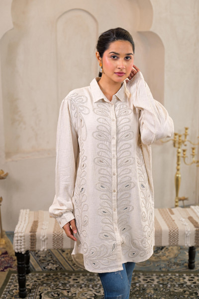 Off-White Embroidered Viscose-Linen Shirt with Zari Work