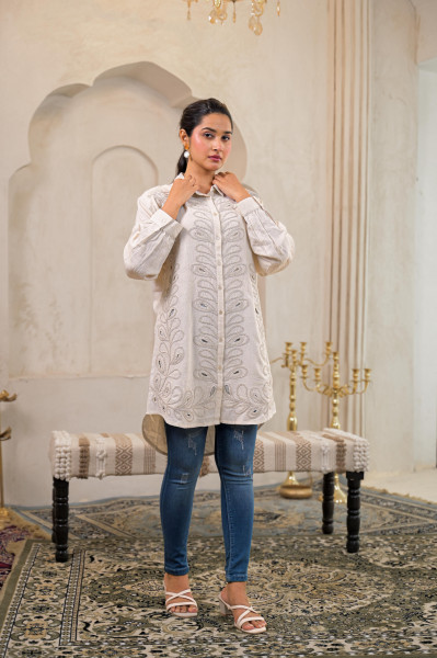Off-White Embroidered Viscose-Linen Shirt with Zari Work