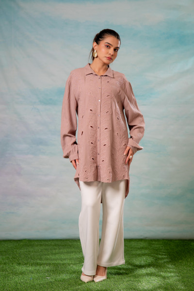 Pink Embroidered Viscose-Linen Shirt with Zari Work