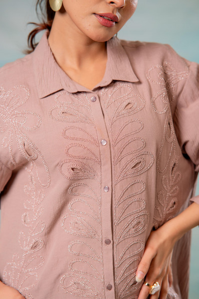Pink Embroidered Viscose-Linen Shirt with Zari Work