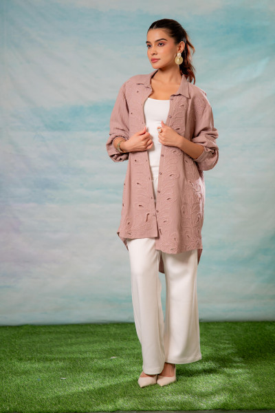 Pink Embroidered Viscose-Linen Shirt with Zari Work