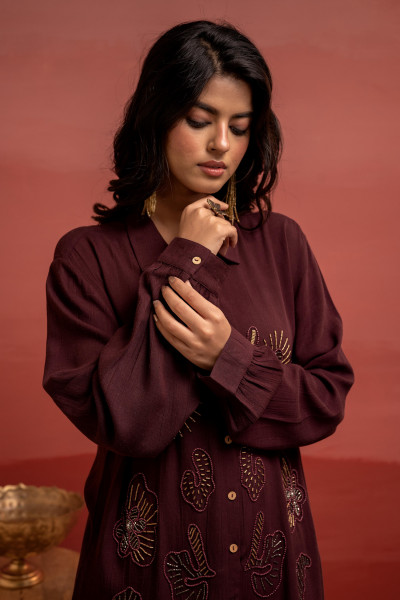 Coffee Brown Solid Viscose Shirt with Beads and Sequence Work