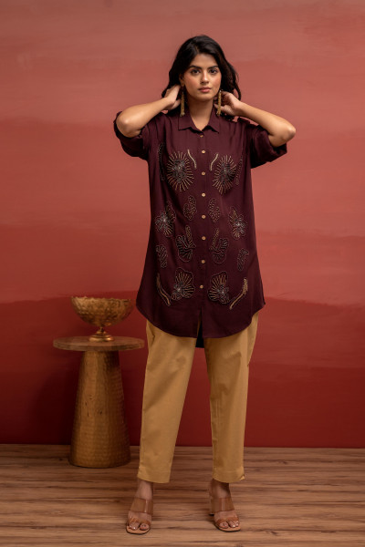Coffee Brown Solid Viscose Shirt with Beads and Sequence Work
