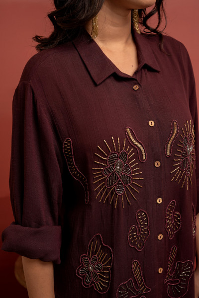 Coffee Brown Solid Viscose Shirt with Beads and Sequence Work