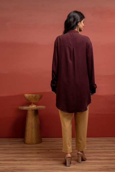 Coffee Brown Solid Viscose Shirt with Beads and Sequence Work