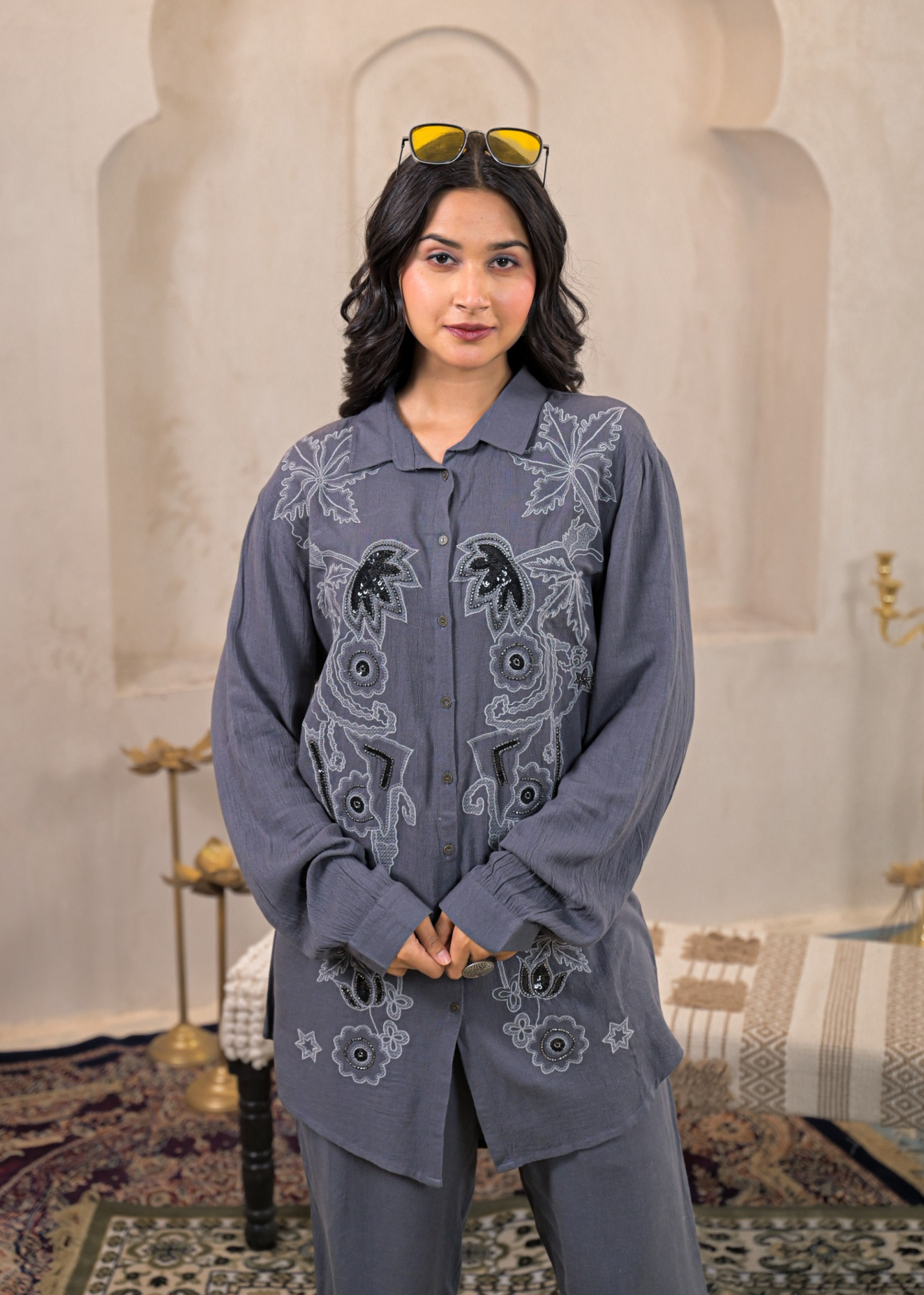 Viscose Linen Grey Embellished Shirt and Pant Co-Ord Set with Sequin & Bead Details