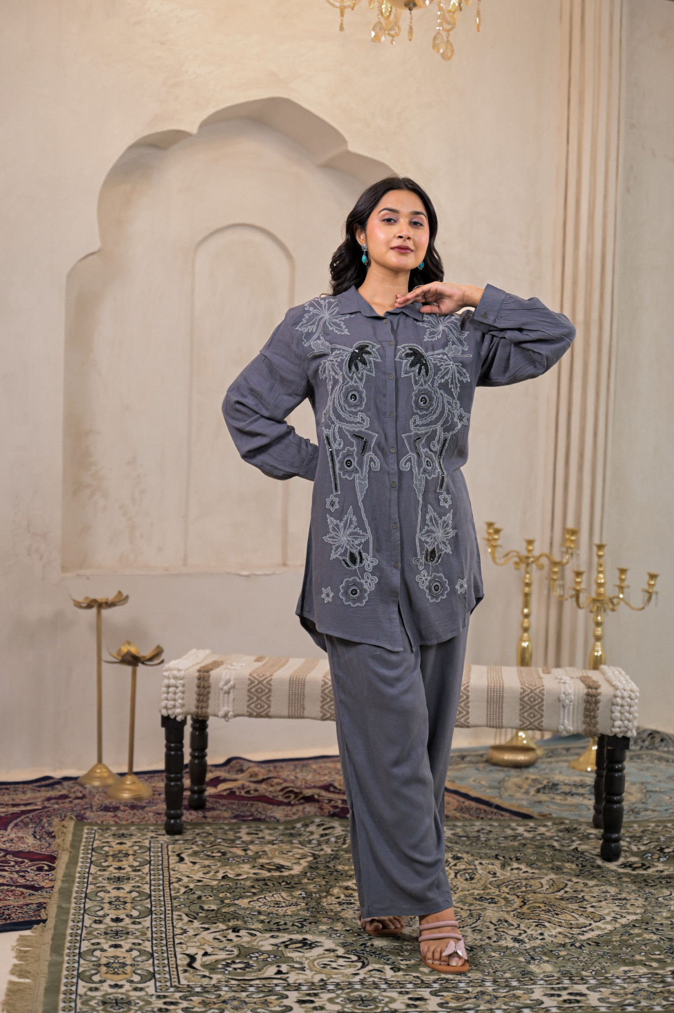 Viscose Linen Grey Embellished Shirt and Pant Co-Ord Set with Sequin & Bead Details