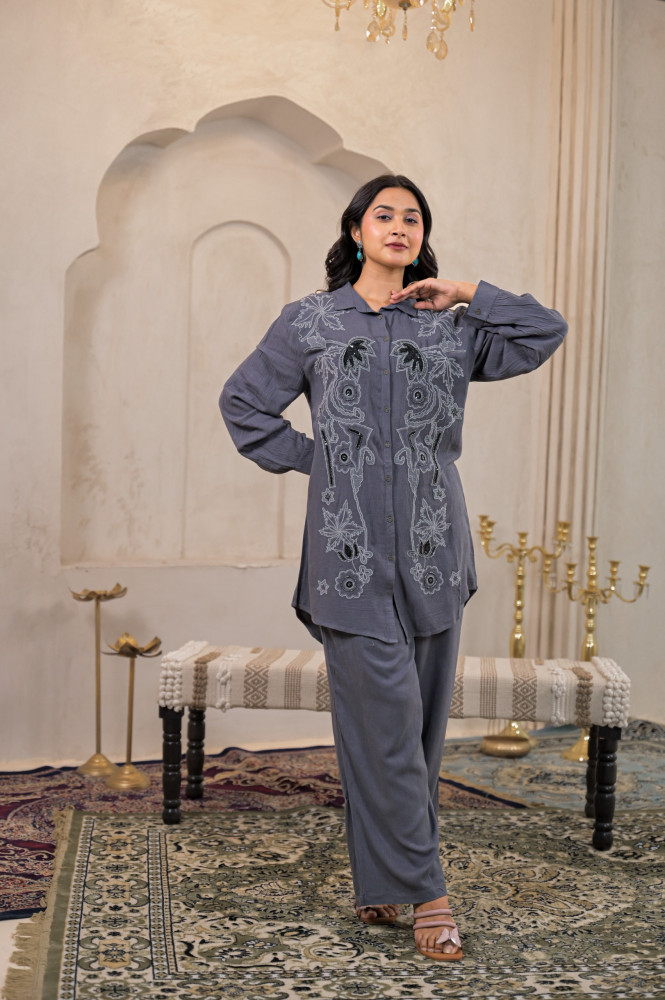 Viscose Linen Grey Embellished Shirt and Pant Co-Ord Set with Sequin &amp; Bead Details