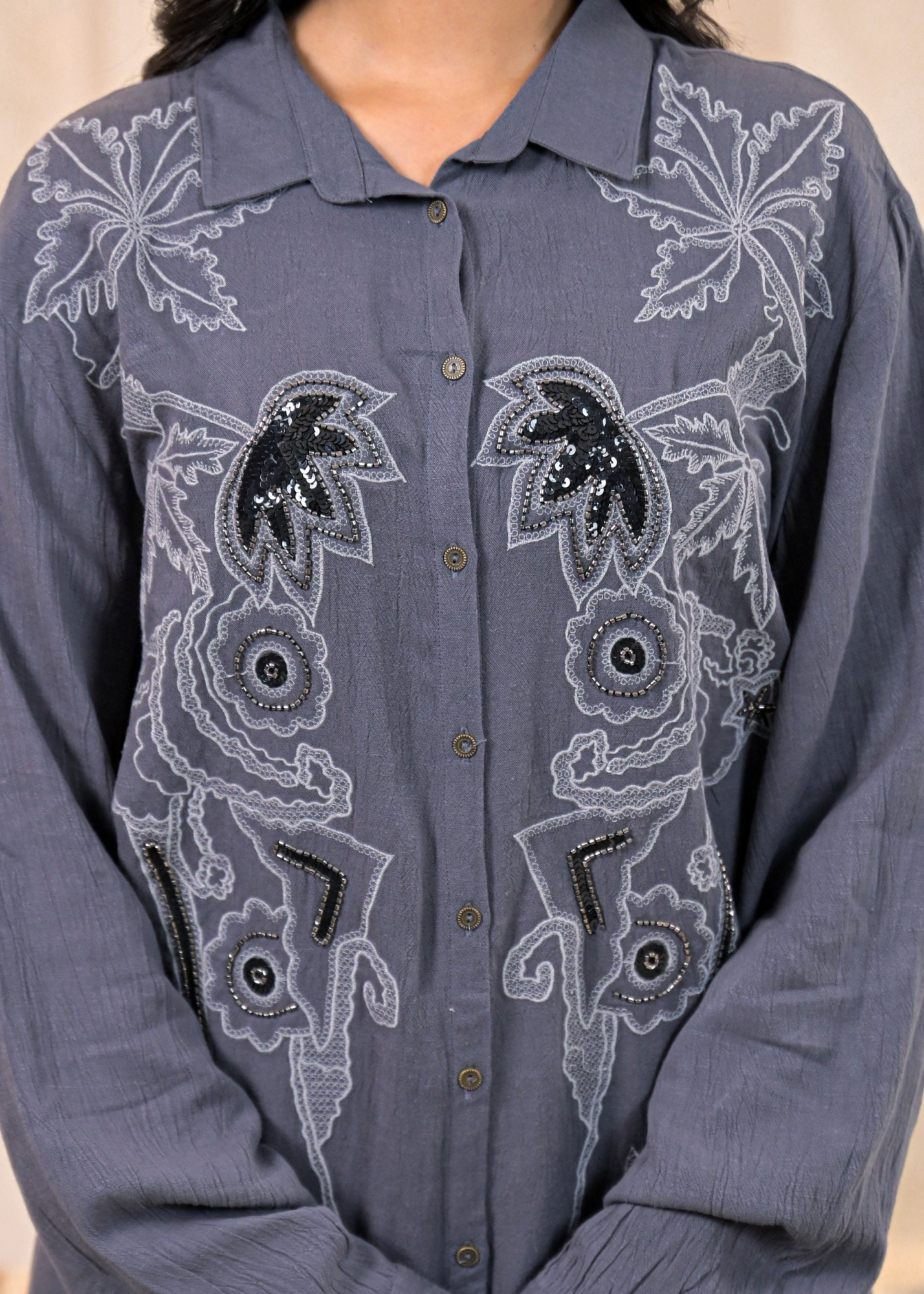 Viscose Linen Grey Embellished Shirt and Pant Co-Ord Set with Sequin & Bead Details