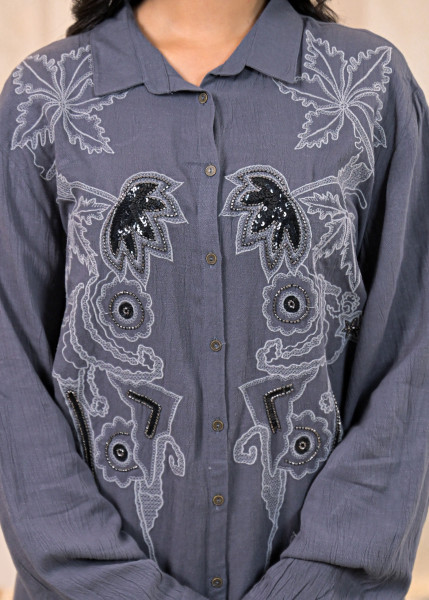 Viscose Linen Grey Embellished Shirt and Pant Co-Ord Set with Sequin & Bead Details