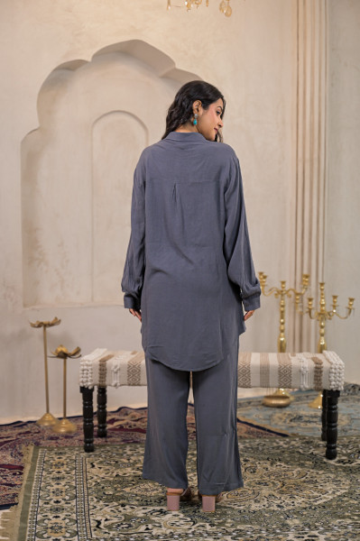 Viscose Linen Grey Embellished Shirt and Pant Co-Ord Set with Sequin & Bead Details