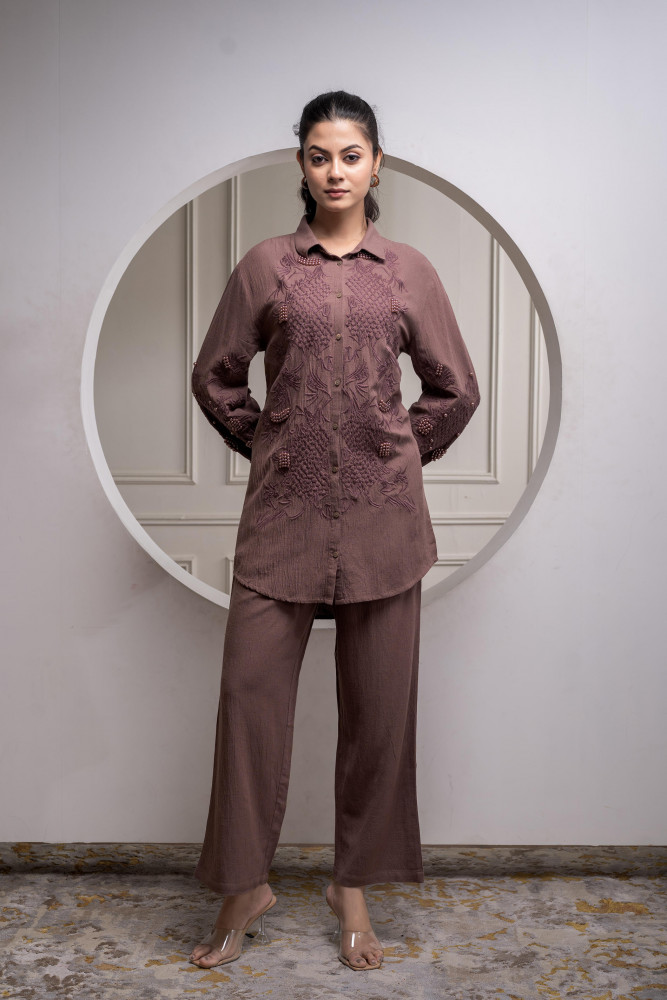 Brown Embellished Viscose Co-ord Set with Bead Details