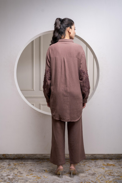 Brown Embellished Viscose Co-ord Set with Bead Details