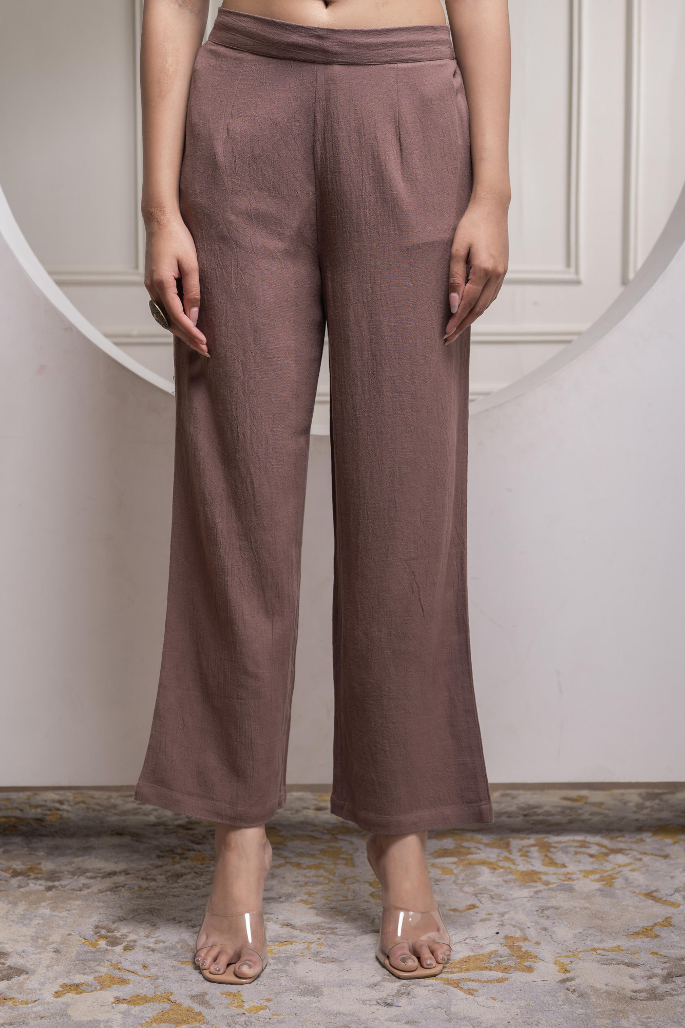 Brown Embellished Viscose Co-ord Set with Bead Details